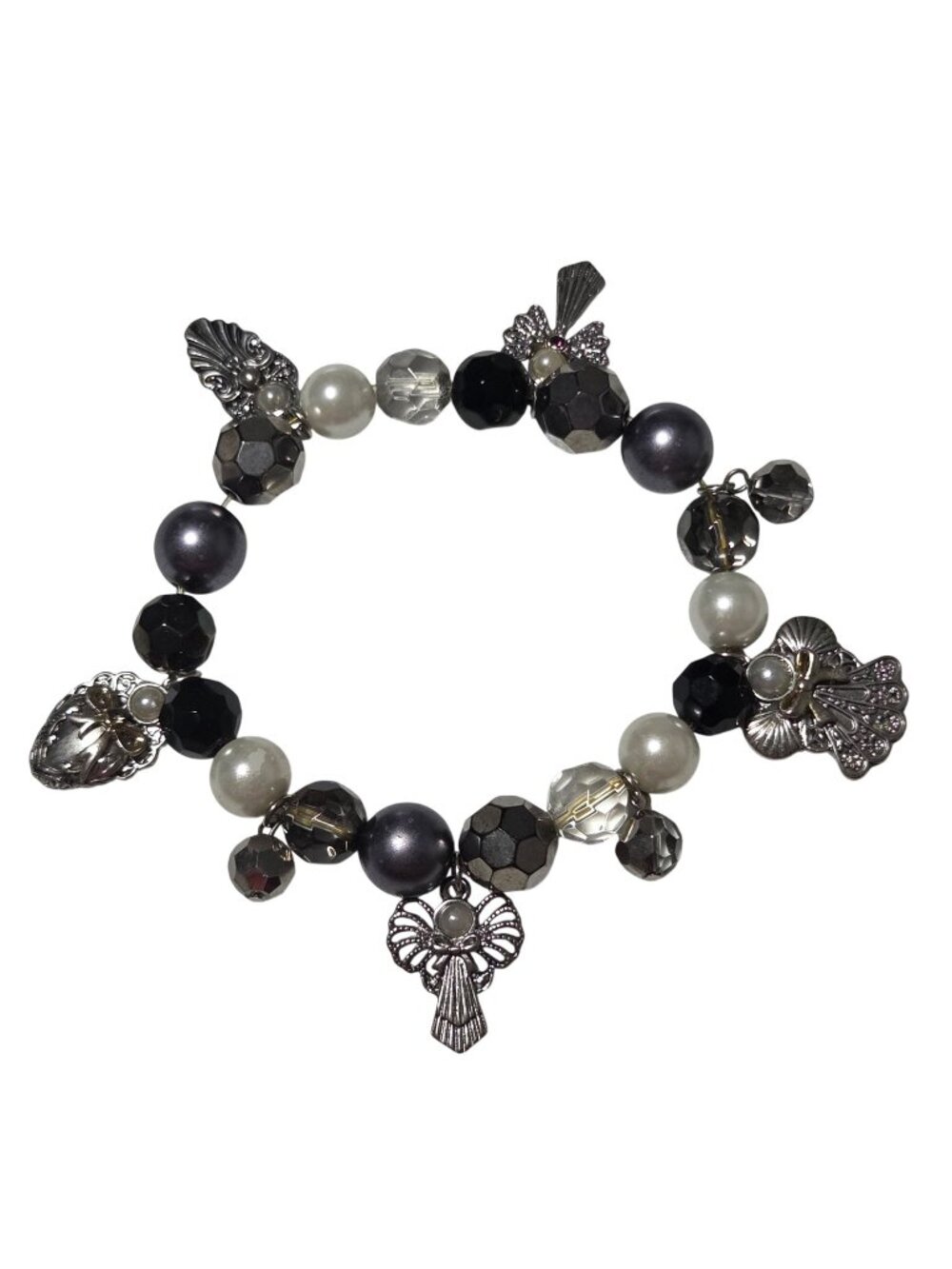 Guardian Angel Charm Bracelet Beaded Stretch Faux Pearls Black Silver Beads